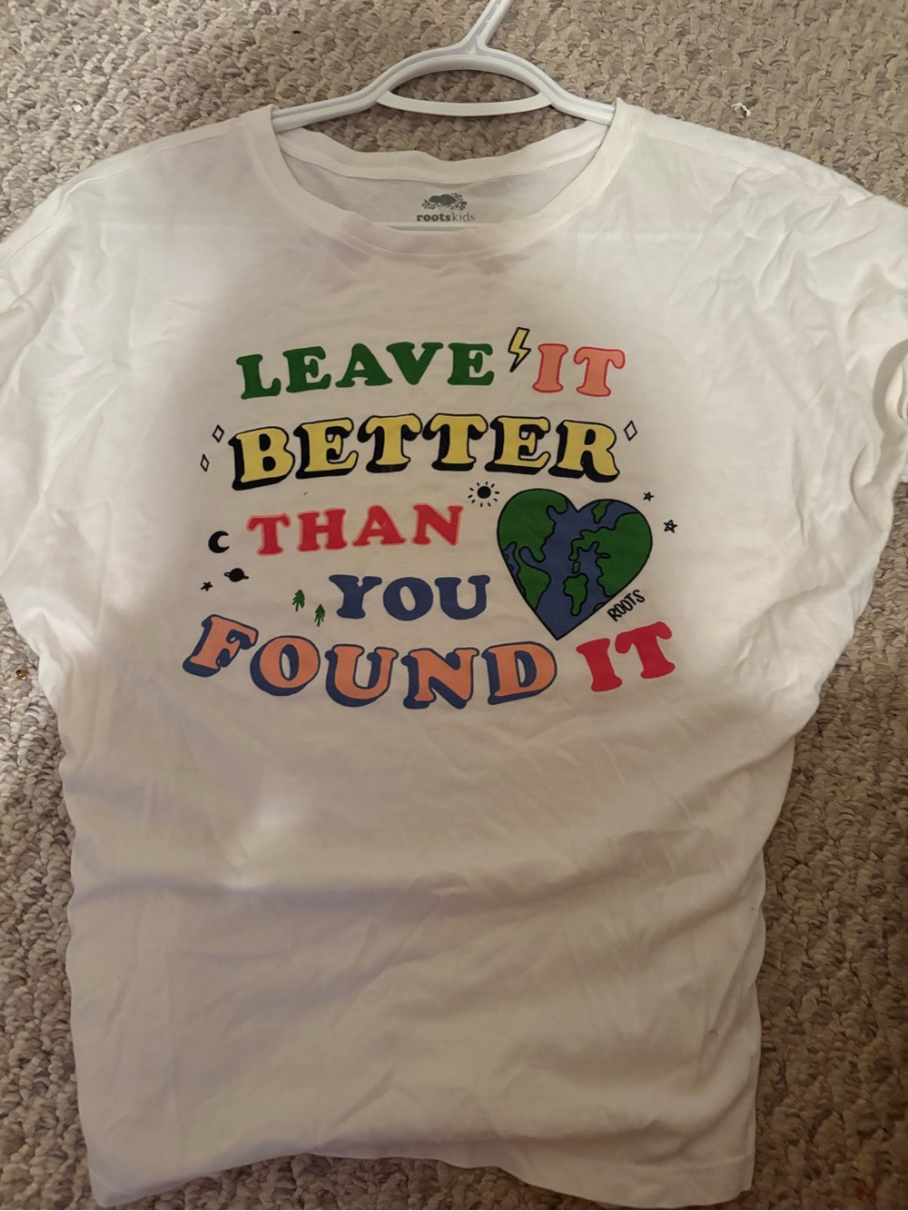Roots White Graphic Tee with Multicolor Eco Message